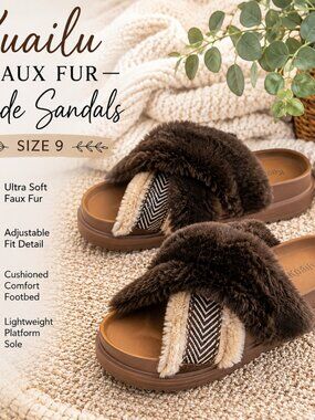 Kuailu Faux Fur Platform Slide Sandals Brown Cozy Slippers Size 9